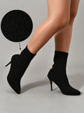 Womens Knitted Stretch Cloth Slip On Ankle Boots Pointed Toe Fashionable Kitten High Heels Boots