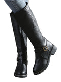 Women PU Leather Buckle Strap Design Boots Chunky Heel Zipper Casual Comfy Biking Boots