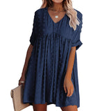 Women Solid Pom Pom V Neck Mini Dress Ruffle Short Sleeve Swing Dress Casual Summer Beach Sundress