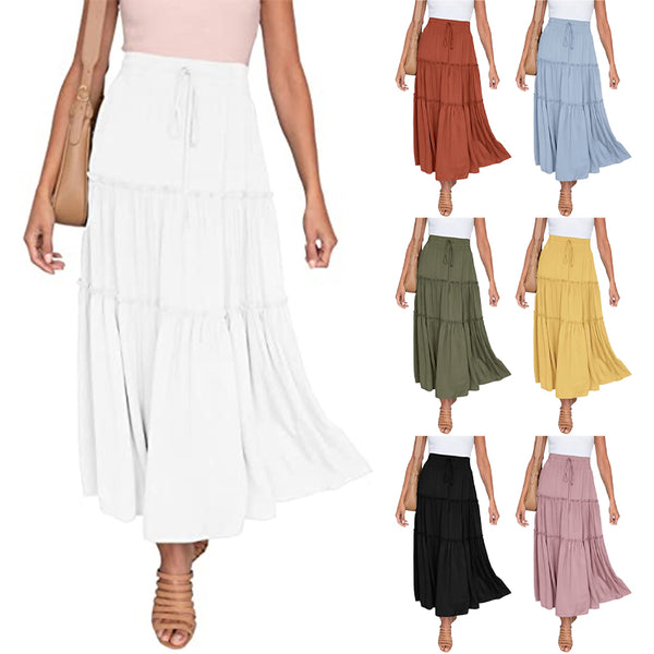 Women Plearws Long Maxi Skirts Tiered Ruffle Swing Skirts Summer Beach Boho Skrit