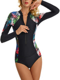 Women Zipper Front Wetsuit Swimsuit Long Sleeve One-piece Bathing Suit UV Sun Protection Surfing Swimwear Tummy Control Diving Beachwear