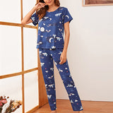 Women Short Sleeve Tops+Pants Round Neck Loungewear Sleepwear Outfit Graphic Print Pajama Set
