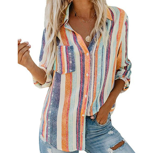 Women's Button Down Shirts Casual Long Sleeves Lapel Collar Striped Print Blouse Vertical