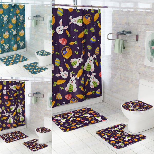 4Pcs Easter Rabbit Bathroom Shower Curtain Lid Toilet Cover Mat Rug With 12 Hook