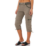 Women With Pockets Capri Pants Comfy Bottoms Loose Fit Casual Cropped Trousers Drawstring Elastic Waist Straight Leg Cargo Pant