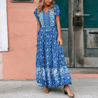 Lumento Women Floral Print Dress Summer V Neck Boho Dress Short Sleeve Long Maxi Dress