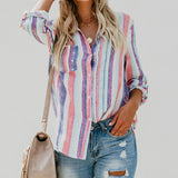 Women's Button Down Shirts Casual Long Sleeves Lapel Collar Striped Print Blouse Vertical
