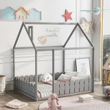 CUH Wood House Bed Twin/Full Size Kids Bed Frame with Roof and Fence, Cabin Bed, Floor Bed, Nursery Furniture, Kids Tent Bed Play Tent for Children Teens Girls Boys