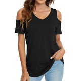 Womens Summer Tshirts V Neck Cold Shoulder Tunic Tops Floral/Tie Dye/Solid Color Blouse Shirts Casual Short Sleeve Tees