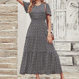 Lumento Women Summer Floral Print Dress Casual Boho Short Sleeve Ruffle Tiered Dress Swing Maxi Dress