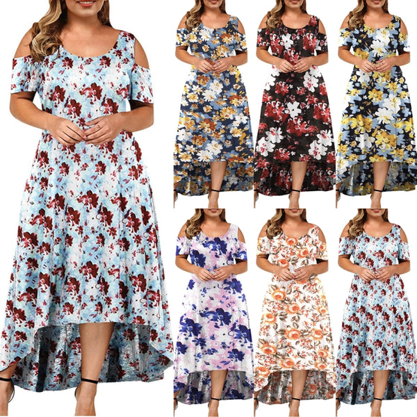 Lumento Plus Size Women Dress Sexy Cold Shoulder Floral Print Long Dress Party Beach Dress