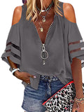 Lumento Women Zip Up V Neck Blouse Bell Sleeve Casual Shirts Sexy Cold Shoulder Tops
