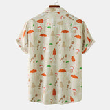 Mens Button Down Shirt Casual Loose Tops Summer Hawaiian Shirts Lapel Neck Short Sleeve T-shirt Mushroom Print Blouse