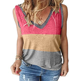 Women Color Block Tank Tops Sleeveless V Neck Summer Casual Tee Shirt Loose Tees