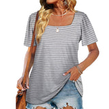 Women Loose Solid Color Ruched Tunic Short Sleeve Stripe T Shirts