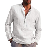 Men Solid Color Stand-Up Collar Shirt Blouse Casual Long Sleeve Top Tunic Pocket