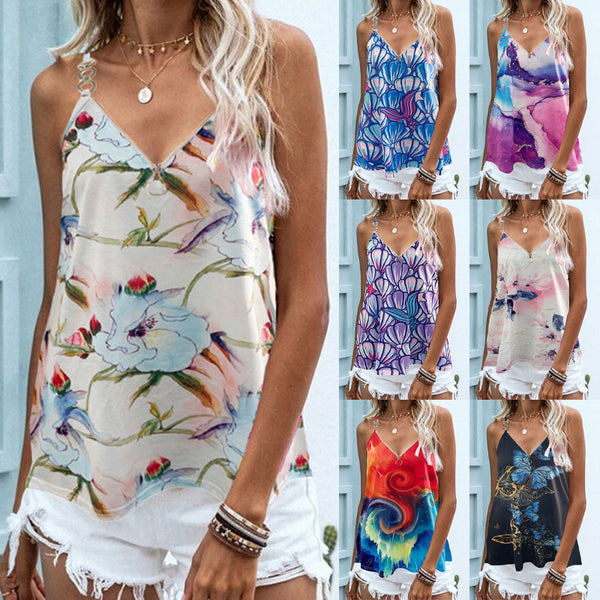 Women Sleeveless Tank Tops Summer Casual V Neck Shirt Floral Print Blouse