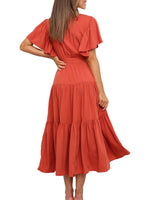 Women's Solid Color Dress Long Short Sleeve Lace Up V Neck Comfortable Dresses