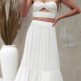 Womens Summer Casual Boho Elastic High Waist Skirts Pleated A Line Swing Beach Maxi Skirt