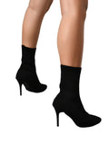 Womens Knitted Stretch Cloth Slip On Ankle Boots Pointed Toe Fashionable Kitten High Heels Boots