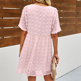 Women Solid Pom Pom V Neck Mini Dress Ruffle Short Sleeve Swing Dress Casual Summer Beach Sundress