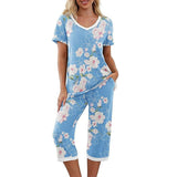 Women Floral Pajama Set Sleepwear Tops with Capri Pants Outfits Ladies Summer Comfy Sleep Nightshirt PJS Set