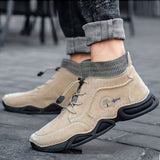 Men's Solid Color Winter Ankle Boots Elasatic Band Round Toe High Top Warm Shoes