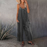 Spaghetti Strap Jumpsuits Romper for Womens Casual Sleeveless Wide Leg Playsuit Leopart Lounge Pants with Pocket
