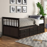 Goory Wooden Frame Twin Size Captain Bed,Daybed with 3 Storage Drawers,Trundle Bed Frame,Platform Guest Bed Walnut