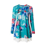 Women Floral Print Loose Lady Long Sleeve Mini Dress Round Neck Big Hem Dress