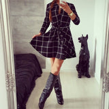 Women's Plaid Check V-Neck Long Sleeve A-Line Mini Dress Lace Up Casual Dresses