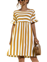 Women Fashion Skirt Striped Printed Short Sleeve Round Neck Casual Dress Ruffles
