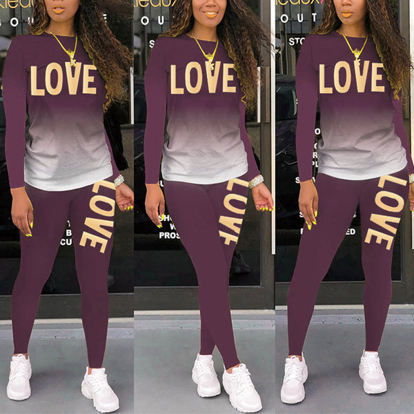 Women's Gradient Letter Print Round Neck Long Sleeve Suit Casual Two-piece Pants