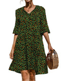 Ladies V-neck Flared Short Sleeves Cake Splicing Color Printed Casual Midi Dress