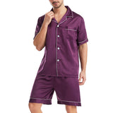 Mens Pajamas Set Solid Color Buttons Tops and Shorts Outfits Set Sleepwear