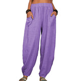 Women Solid Color Loose Cotton Linen Casual Pants Wide Leg Trouser with Pockets