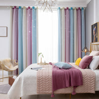 Double Layer Gradient Blackout + Sheer Curtains Starry Hollow-Out Stars Curtain Room Darkening Starry Curtain Eyelet Ring Top Window Drape for Kids Girls Children Bedroom Decor