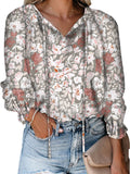 Women's Floral Print V Neck Loose Fit Long Lantern Sleeve T Shirts Pullover Tops