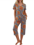 Women Floral Pajama Set Sleepwear Tops with Capri Pants Outfits Ladies Summer Comfy Sleep Nightshirt PJS Set