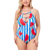 Women Plus Size One-piece Swimming Suit Halter Beachwear Bathing Suit Blue Stripe Watermelon Printed Swimwear