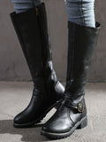 Women PU Leather Buckle Strap Design Boots Chunky Heel Zipper Casual Comfy Biking Boots
