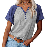 Women Color Matching V-Neck Short Sleeve Top T-Shirt Loose Blouse Pullover Tunic