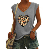 Lumento Womens Tops Summer V Neck Heart Print T Shirts Leopard Cap Sleeve Casual Blouse