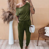 Womens Jumpsuit Crew Neck Off Shoulder Short Sleeve Elastic Waist Romper with Pockets