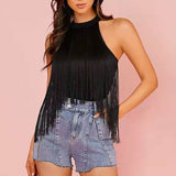 Womens Fringe Trim Sleeveless Bodycon Halter Bodysuit Top