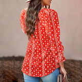 Women's Floral Print V Neck Loose Fit Long Lantern Sleeve T Shirts Pullover Tops