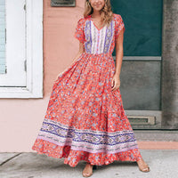Lumento Women Floral Print Dress Summer V Neck Boho Dress Short Sleeve Long Maxi Dress