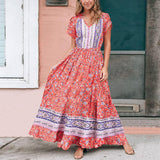Lumento Women Floral Print Dress Summer V Neck Boho Dress Short Sleeve Long Maxi Dress