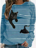 Women 3D Animal Patterns Stripes Design Long Sleeve T-shirt Crew Neck Loose Tops