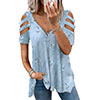 Women's Zipper V Neck Casual T-shirts Summer Hollow Short Sleeve Loose Fit Tops